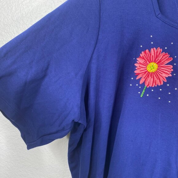 Quacker Factory Top Plus Size 3X Rhinestones Studs Embroidered Flower Blue Shirt - Picture 6 of 9